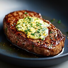 Juicy Grilled Steak with Herb Butter and Fresh Garnish on Plate