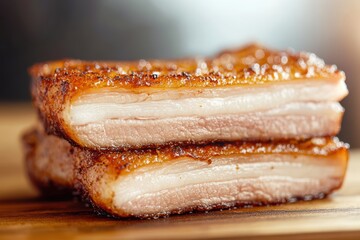Crispy Pork Belly Slices on Wooden Board with Golden Brown Skin