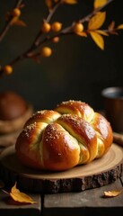 Challah loaf on wooden table with willow branches leaning against it, autumn, willow