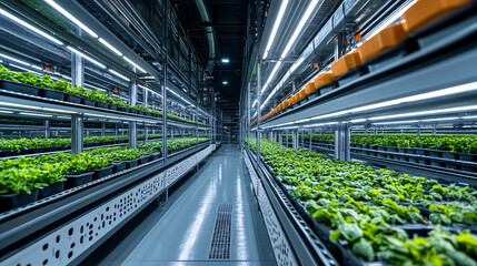 Naklejka premium Large indoor hydroponic farm with multiple rows of shelves filled with vibrant green plants. modern facility showcases advanced agricultural technology and efficient growing methods