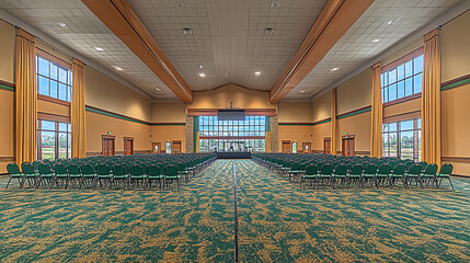Large empty conference hall with rows of green chairs set up for event, featuring large windows and spacious layout. atmosphere is ready for gatherings or presentations