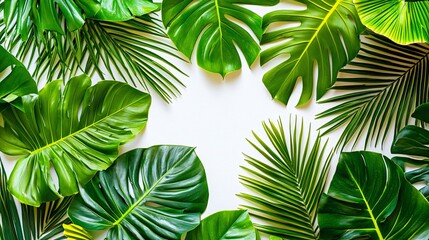 Tropical leaves frame, white background, summer design