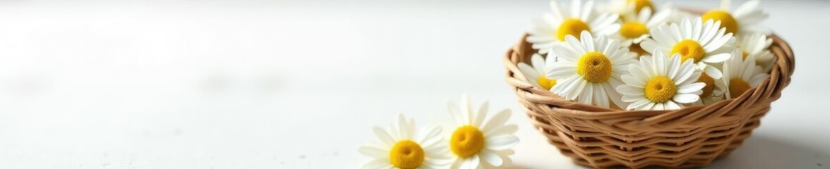 Obraz premium Chamomile flowers in a woven basket or container on a white surface, basket, flowers, organic