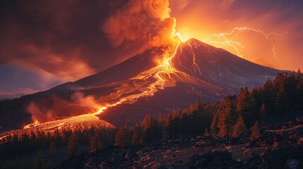 Erupting volcano with flowing lava, dramatic lightning in the sky, and forest in the foreground