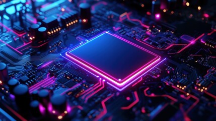 High-tech AI chip installation on a supercomputer motherboard, glowing with blue and purple lights