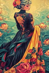 Elegant Woman in Floral Embroidered Gown by Water Lilies