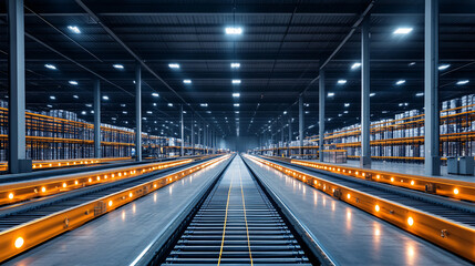 Fototapeta premium Large warehouse with multiple rows of shelves and conveyor belts, showcasing modern industrial environment filled with organized storage and efficient logistics