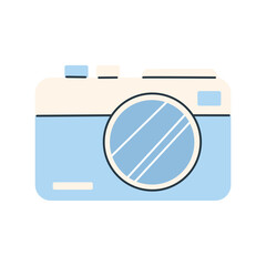 Blue photo camera in flat style isolated on white background. Summer vector clipart.