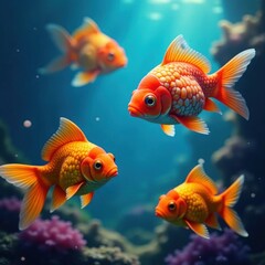 Fototapeta premium Vibrant brain fish & goldfish swim amidst blue , colorful background, aquatic, pet
