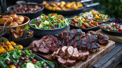 Obraz premium Grilled steak and vegetable buffet laid out on a wooden table, representing outdoor dining and gourmet cooking. Good for culinary blogs or advertising.