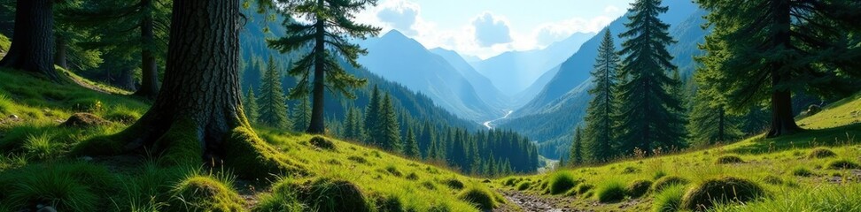 Obraz premium Dense forest with towering spruce trees and a carpet of moss, greenery, alaskan valley, blue sky