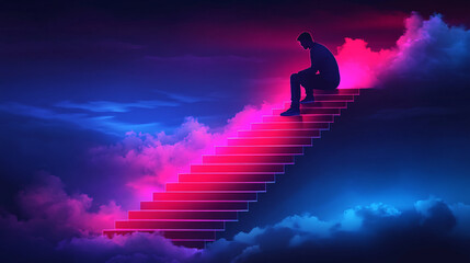 person sitting on colorful stairs surrounded by clouds, symbolizing introspection and emotional struggle. vibrant colors create surreal atmosphere