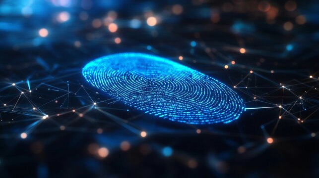 Futuristic biometric digital identity security featuring blue fingerprint on dark background