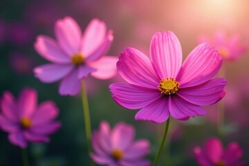 Obraz premium Vibrant pink & purple cosmos in full bloom, soft focus , wallpaper, backdrop