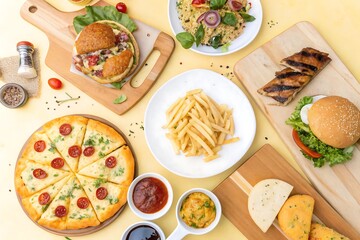 Variety of delicious food, pizza, burgers, fries, pasta. Top view.