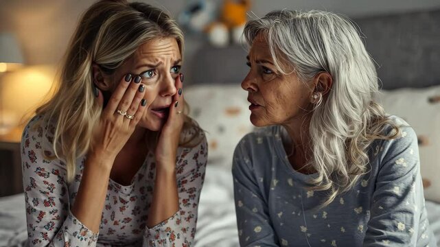 Displeased daughter expresses concern to her gray-haired mother during a serious conversation at home, Displeased daughter talking to her gray haired mom sitting in pajamas on bed in morning