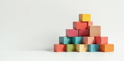 Obraz premium Vibrant pyramid of colorful wooden blocks on white , bright, construction