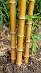 Fototapeta premium Golden Bamboo Stalks in Lush Garden Nature Photography Tranquil Environment Close-Up Perspective