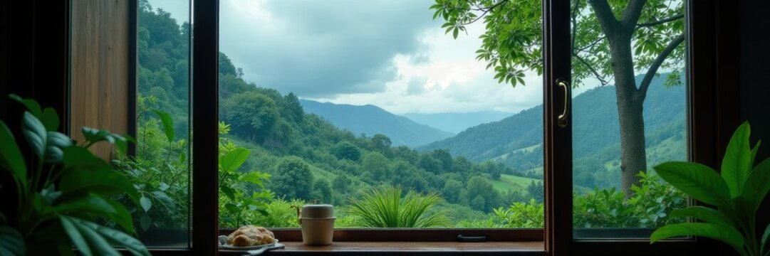 Descripci?n de lluvia en ventana con fondo paisaje, lluvia, ventanas