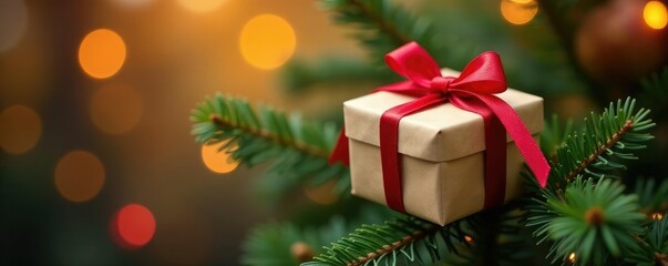 Gift box ornament on brown paper wrapped tree branch, wrapping, autumnal