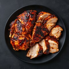 BBQ butterfly chicken with sliced pieces styled on black plate