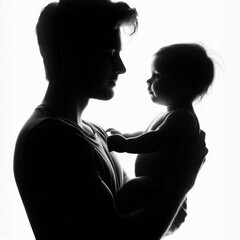 Silhouette of a man father with a baby in her arms on a white background