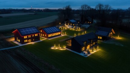 Obraz premium Aerial view of illuminated modern homes at dusk, surrounded by fields and trees, showcasing tranquility
