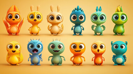 Fototapeta premium Collection of cute cartoon aliens with big eyes and playful expressions