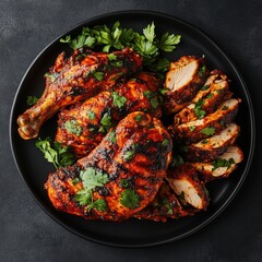 BBQ butterfly chicken with sliced pieces styled on black plate