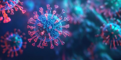 Measles under an electron microscope, highly detailed virus structure, glowing blue and red hues