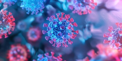 Fototapeta premium Measles under an electron microscope, highly detailed virus structure, glowing blue and red hues