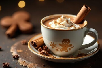 Gingerbread-inspired hot mug with cinnamon sticks, warm, hot chocolate, cinnamon stick
