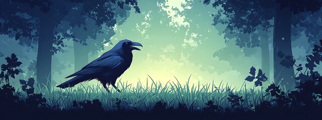 Raven in Misty Forest