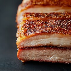 Crispy Pork Belly with Golden Crackling on Dark Background