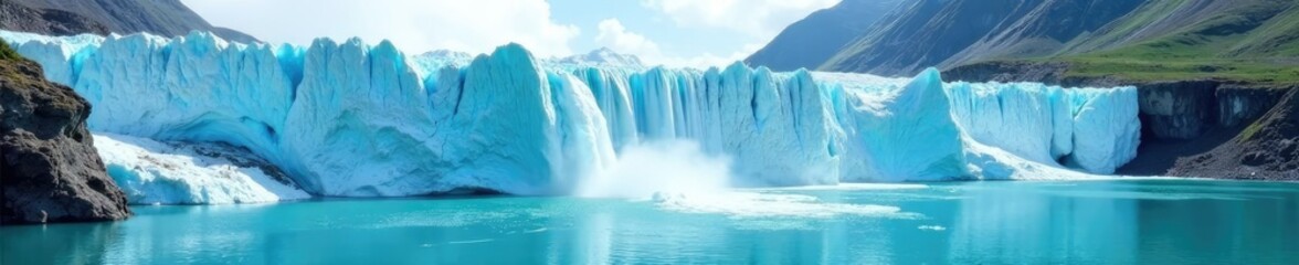 Glacial ice shelf with waterfalls pouring down into turquoise lake, snow, nature