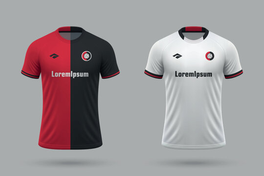 3d realistic soccer home and away jersey in style, football kit template