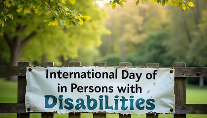 Banner for International Day of Persons with Disabilities attached to a fence in a park, with green trees in the background on a spring day, featuring wooden fence, faded colors, realistic folds, and