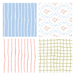 Hand-Drawn Pastel Geometric Patterns Set – Stripes, Grids, and Abstract Textures. Boho Geometric and Floral Patterns, Checkered, Lines, and Doodle Elements, Organic Grid and Line Textures