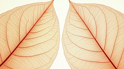 Two translucent leaves, veins detailed, white background, nature design