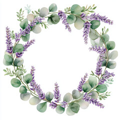 Fototapeta premium Delicate floral wreath featuring lavender and eucalyptus leaves, perfect for invitations or decor. This watercolor illustration adds touch of elegance and nature to any design