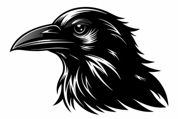 Obraz premium Detailed Raven Head Illustration – Black and White Woodcut Style Close-Up with Sharp Beak and Intense Eye