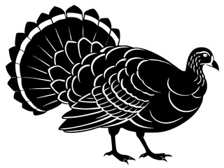 Black and White Turkey Silhouette – Stylized Folk Art Bird with Detailed Feather Pattern and Bold Graphic Design