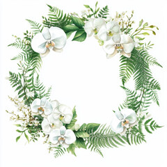 Elegant floral wreath featuring white orchids and greenery, perfect for invitations or decor. delicate arrangement evokes sense of tranquility and beauty