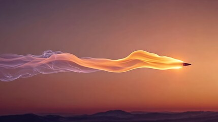 Pixelated Light Streak Across Orange Sunset Sky