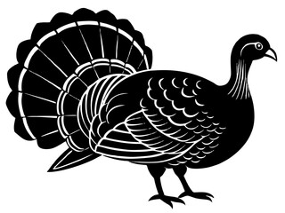 Black and White Turkey Silhouette – Stylized Folk Art Bird with Detailed Feather Pattern and Bold Graphic Design