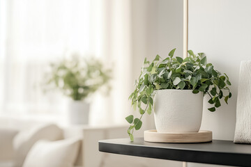 Fototapeta premium A cascading ivy plant on a sleek black shelf, surrounded by minimalist decor and bright natural light from a nearby window