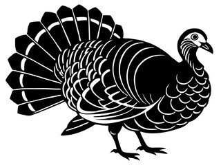 Black and White Turkey Silhouette – Stylized Folk Art Bird with Detailed Feather Pattern and Bold Graphic Design