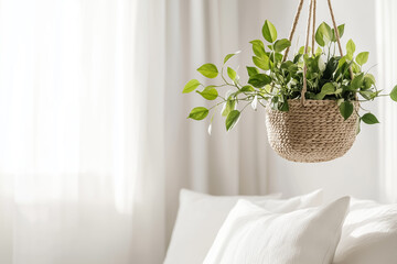 Fototapeta premium A cascading pothos plant in a hanging basket, set against a bright white minimalist backdrop with subtle natural textures