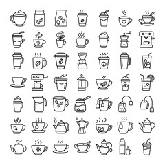 Coffee, Tea, and Hot Beverages Icons, Cups, and Makers