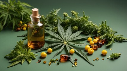 "CBD Oil in Dropper Bottle, Green Capsules, and Cannabis Leaves on Green Background: Medical Cannabis Products for Pain Relief, Anxiety, and Alternative Medicine, with Cannabis Cultivation"